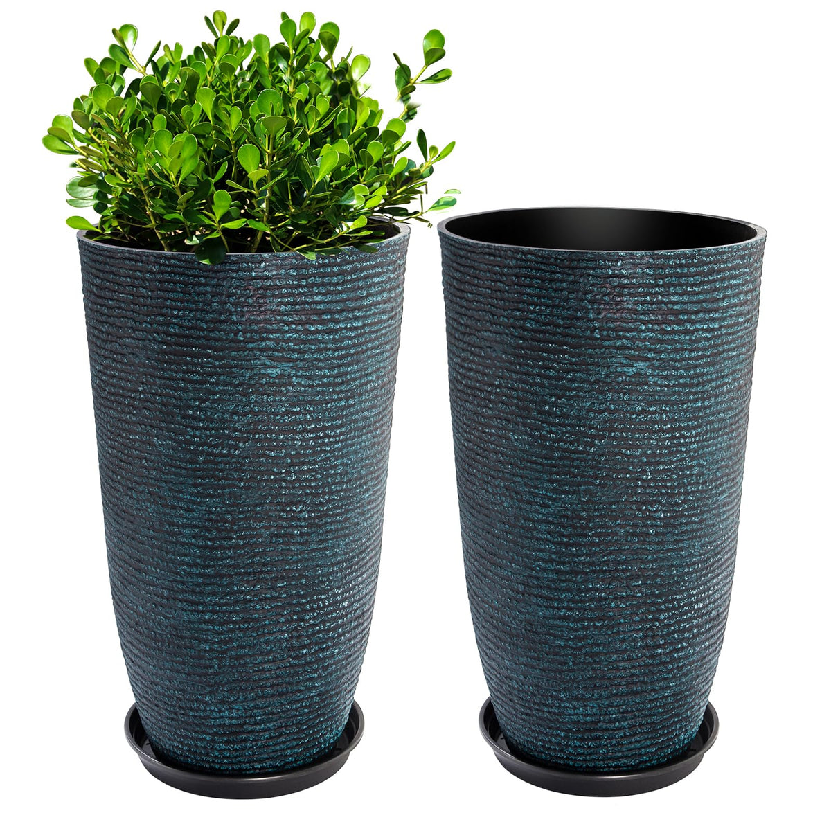 QCQHDU tall blue planter with saucer, ideal for indoor or outdoor displays and drainage.