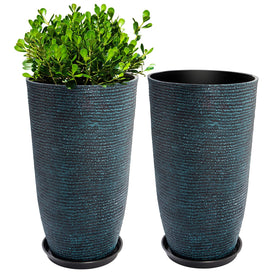QCQHDU tall blue planter with saucer, ideal for indoor or outdoor displays and drainage.