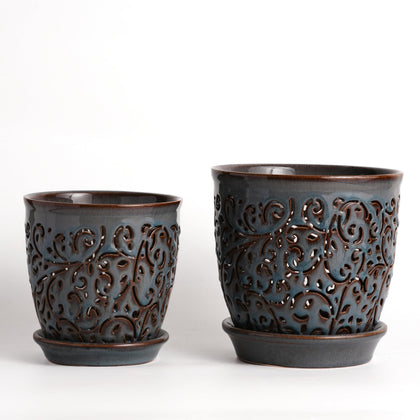 QCYBDGLOV orchid pot with holes in blue ceramic for healthy drainage.