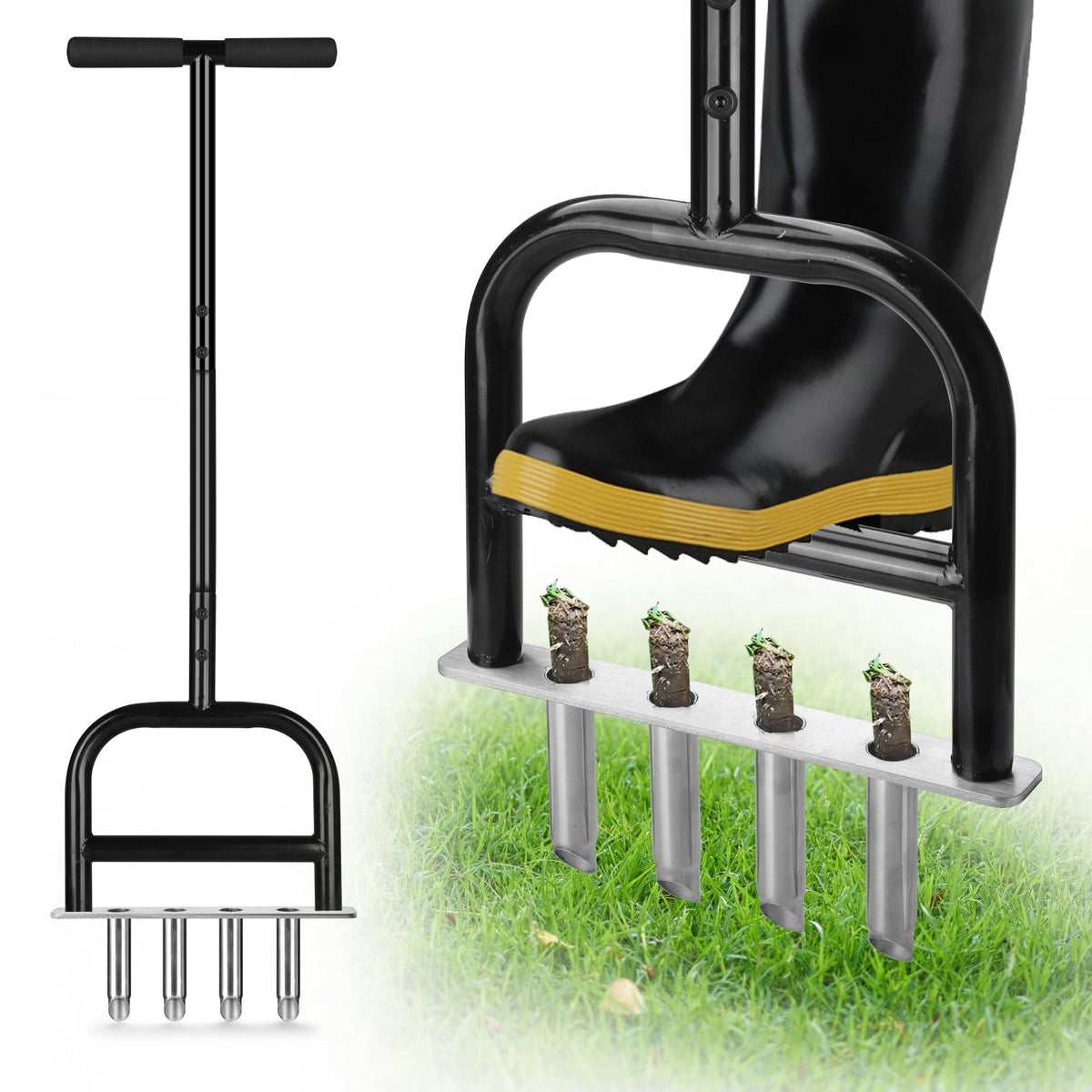 Qdreclod lawn core aerator with four-hole tines for efficient soil cores.