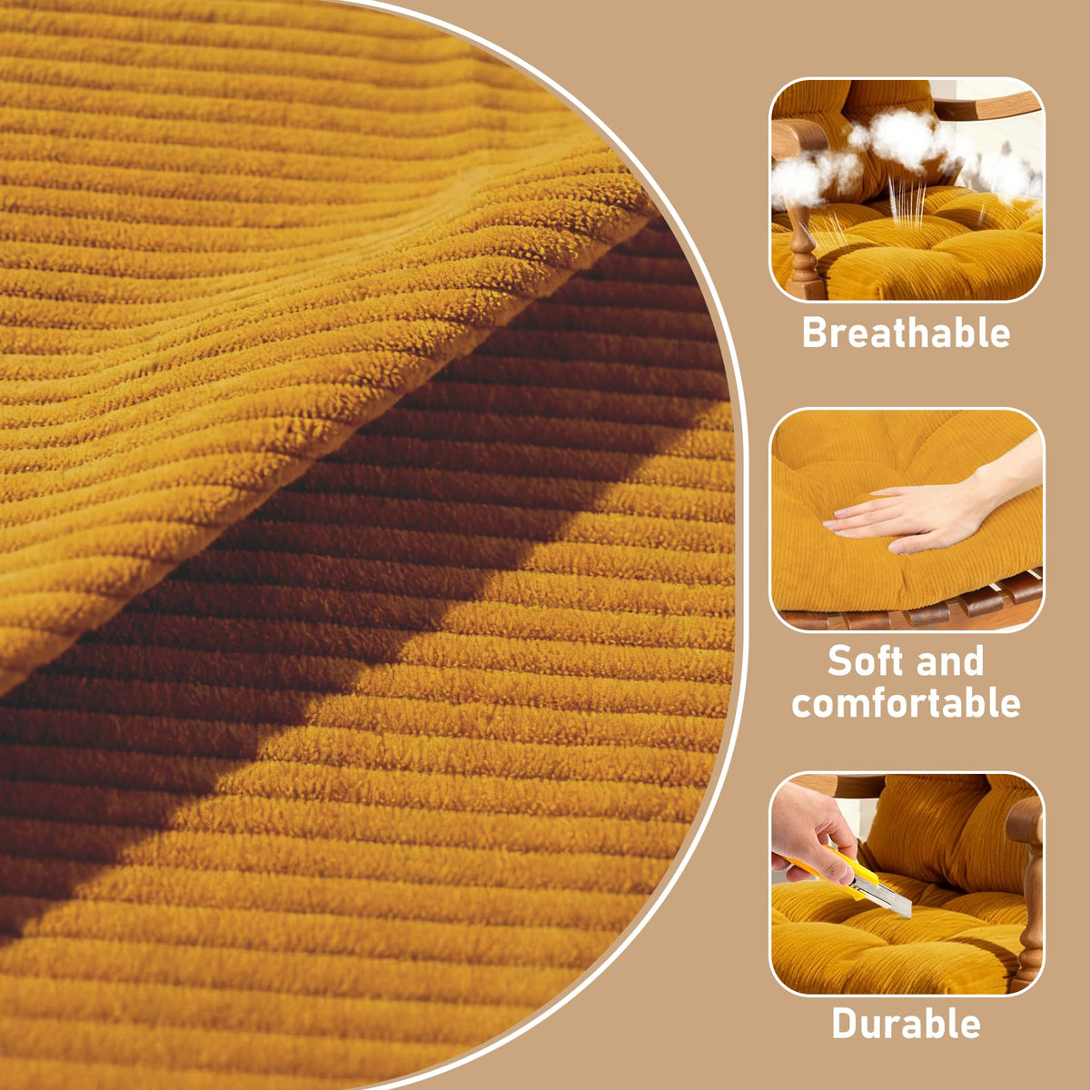 QemoraHome cushion with dual straps secures position during rocking.