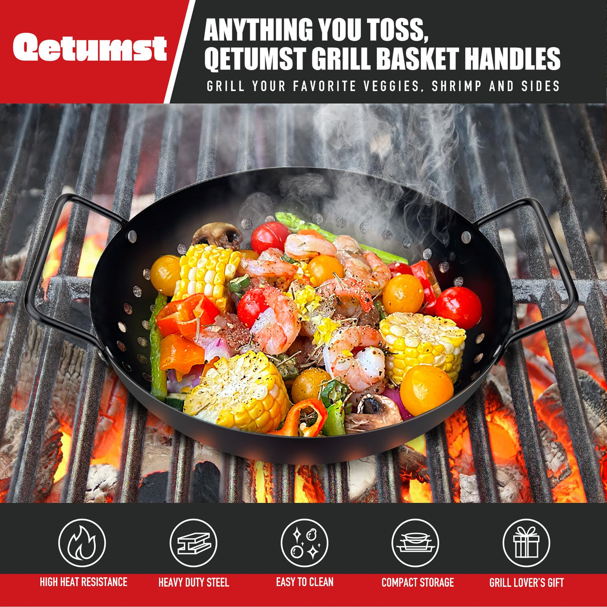 Qetumst grill basket seafood 3pc used with shrimp and fish for even heat