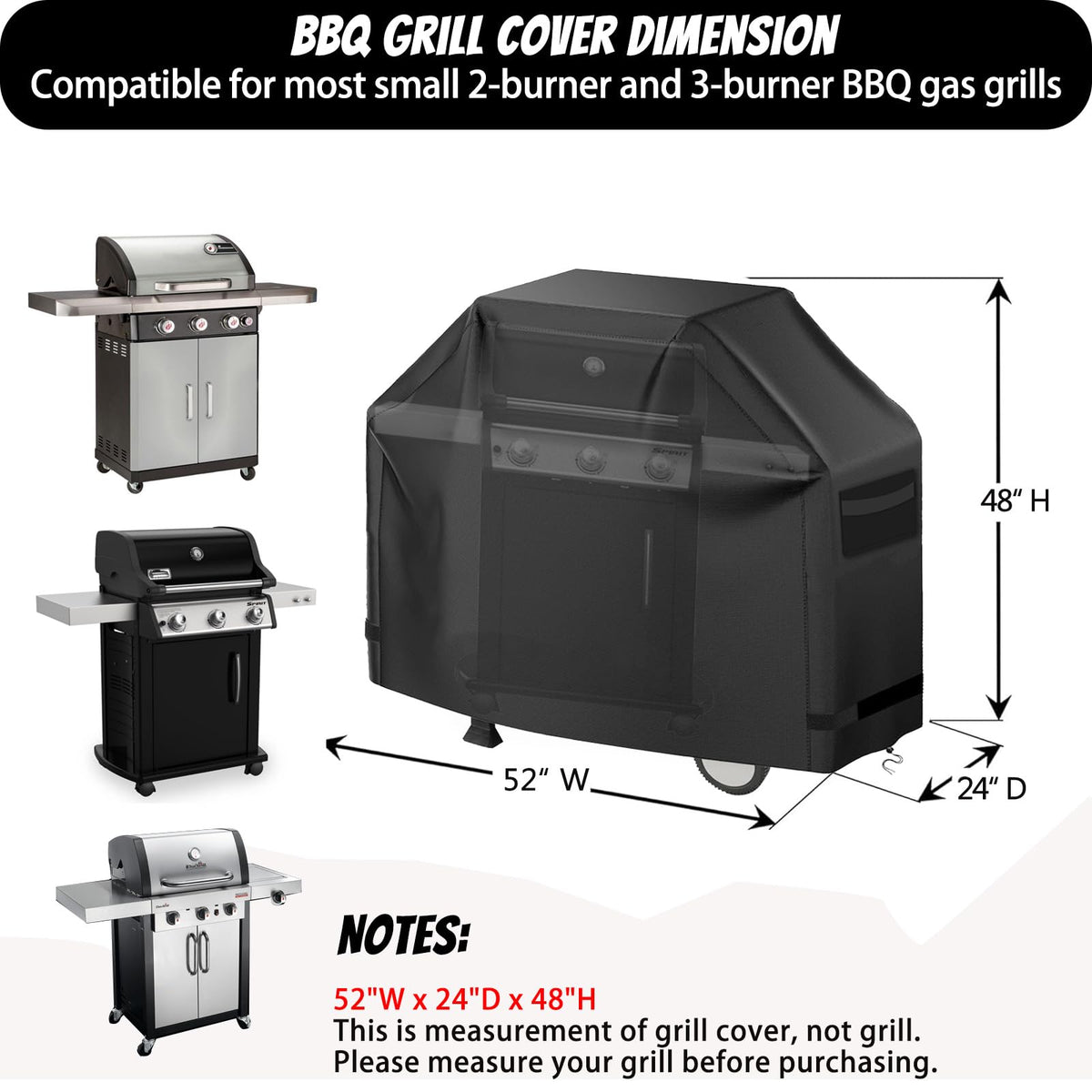 QEWTYI heavy-duty BBQ cover front-angled view shields your grill from weather and dust.