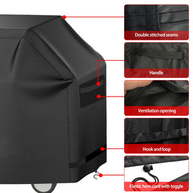 QEWTYI heavy-duty BBQ cover side view shows a snug fit and wind resistance.