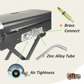 Qfire regulator image showing CSA-certified connector for outdoor grilling