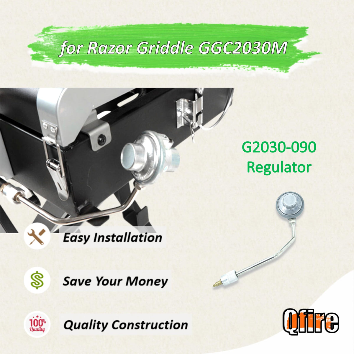 Qfire regulator close-up highlighting reliable propane flow for sizzling griddle sessions