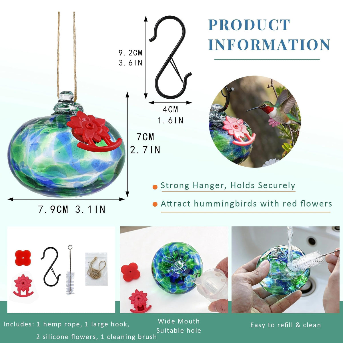 QFkris hummingbird feeder with flower-spout detail enhances nectar access.
