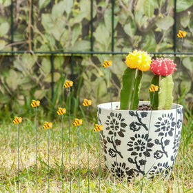 QfwdfcTrenz Bee stakes in garden mark beds with playful style.