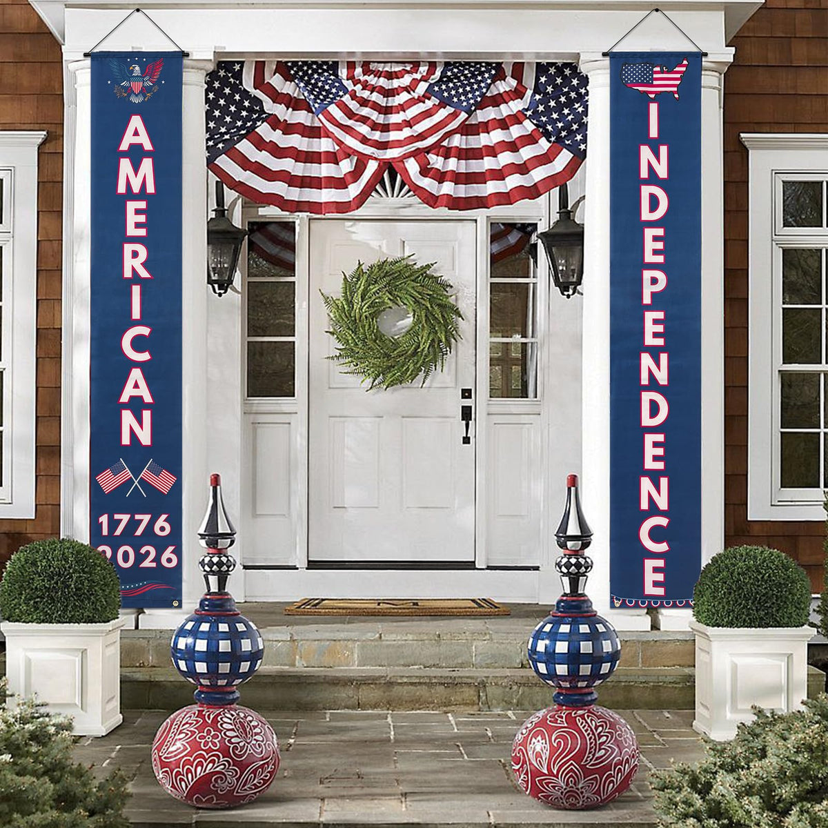 QGWJEKUI banner highlights AMERICAN and INDEPENDENCE text for event-ready decor