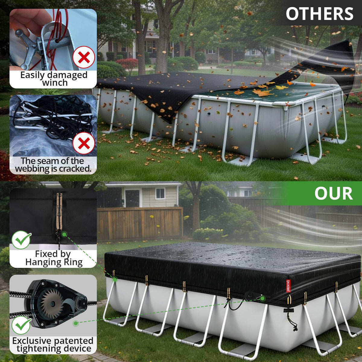 QH.HOME patented ratchet system closeup shows quick tensioning and edge stability.