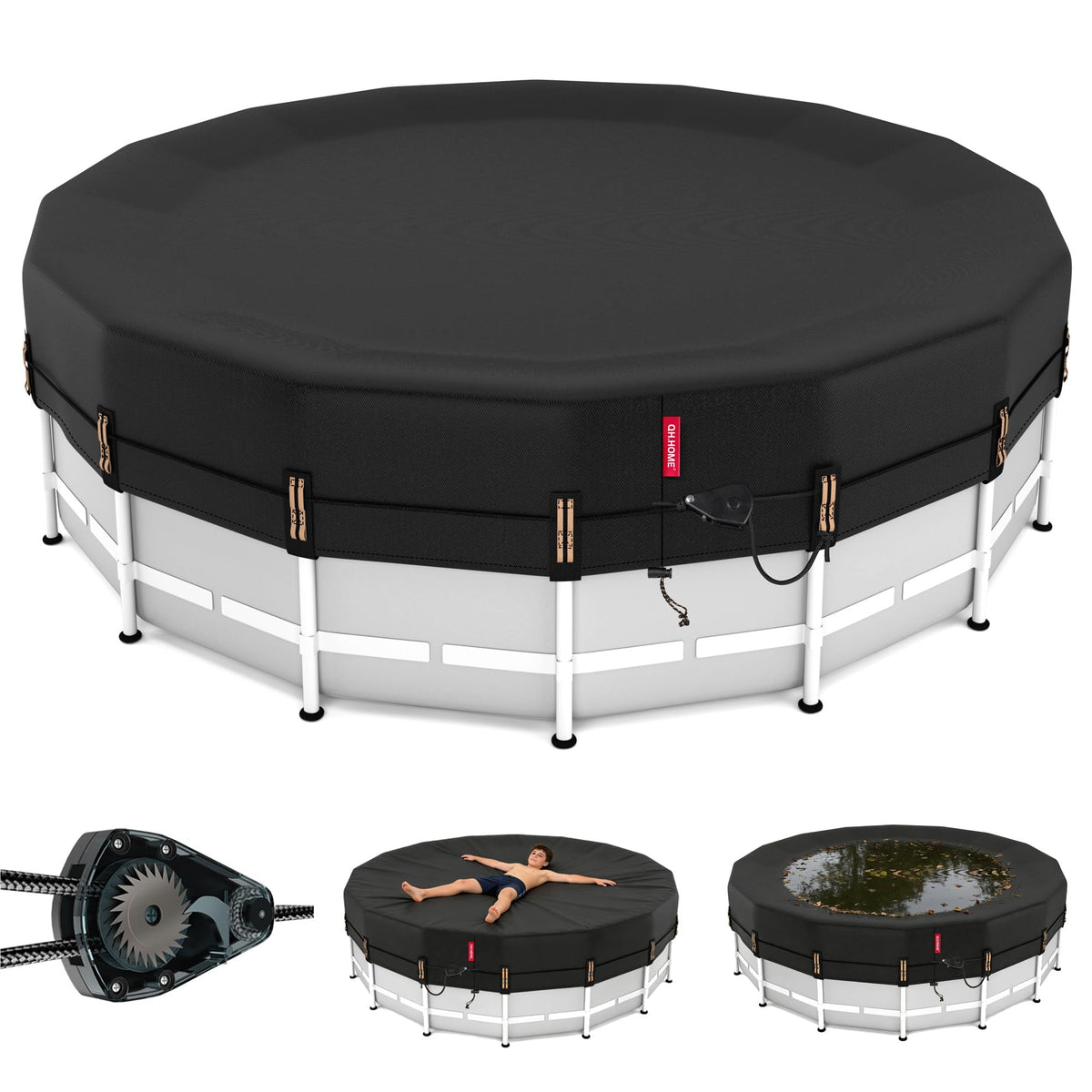 QH.HOME 20ft round pool cover with windproof ratchet for a secure fit