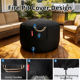 QH.HOME round fire pit cover shields the outdoor pit during backyard gatherings.