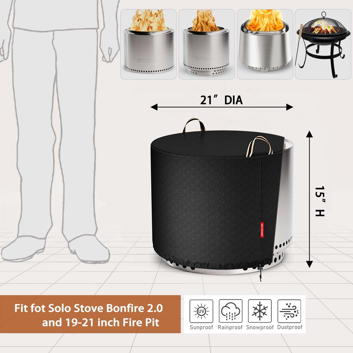 QH.HOME adjustable drawstring fire pit cover keeps the cover secure in wind.