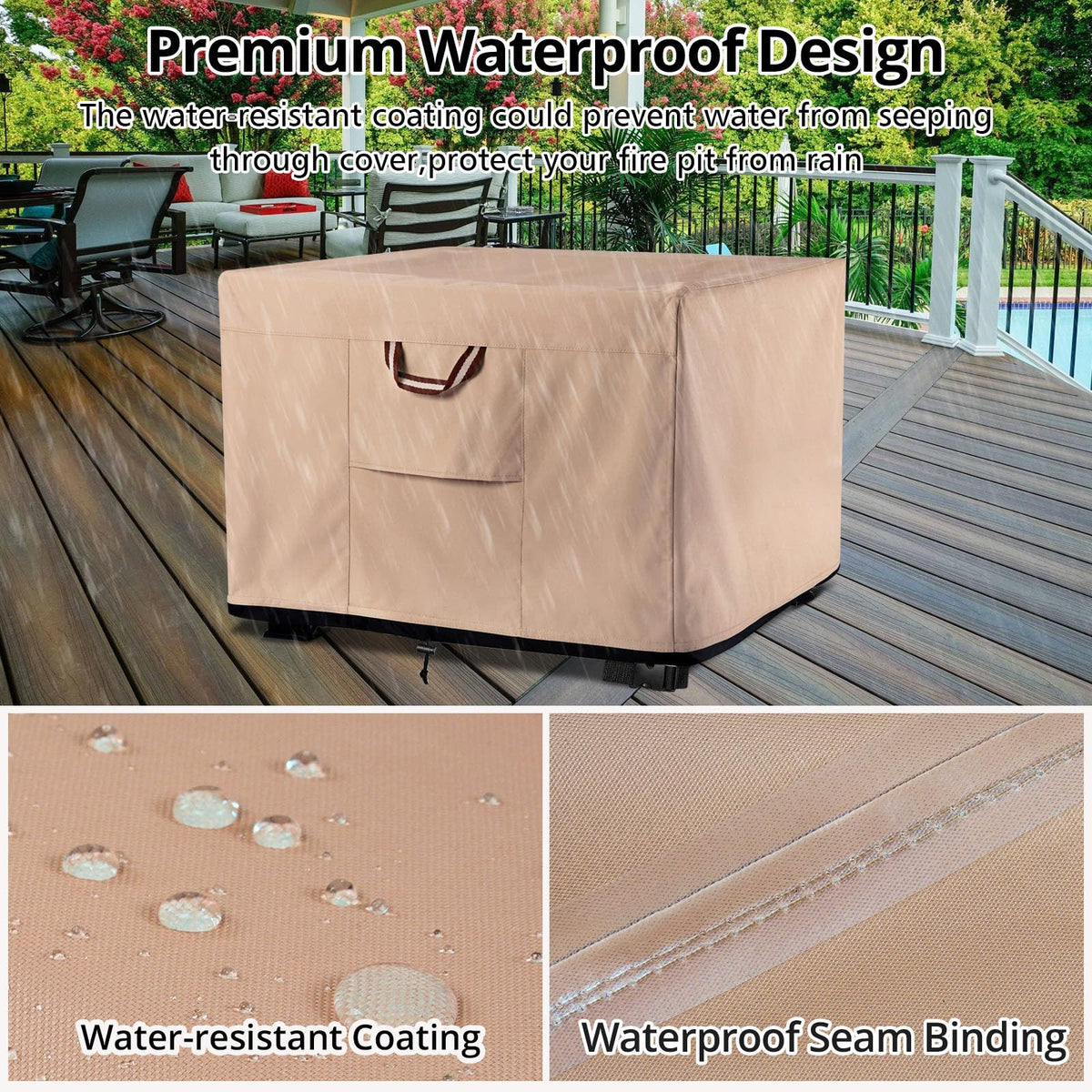 QH.HOME square fire pit cover vents and drawstring ensure secure fit.