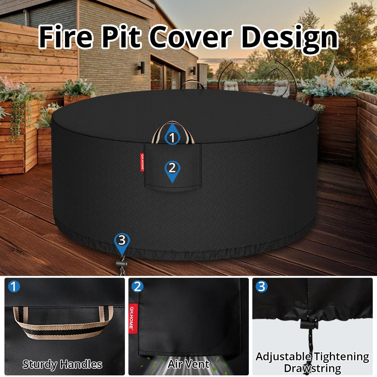 QH.HOME fits 45–48 inch round pits for versatile outdoor use.