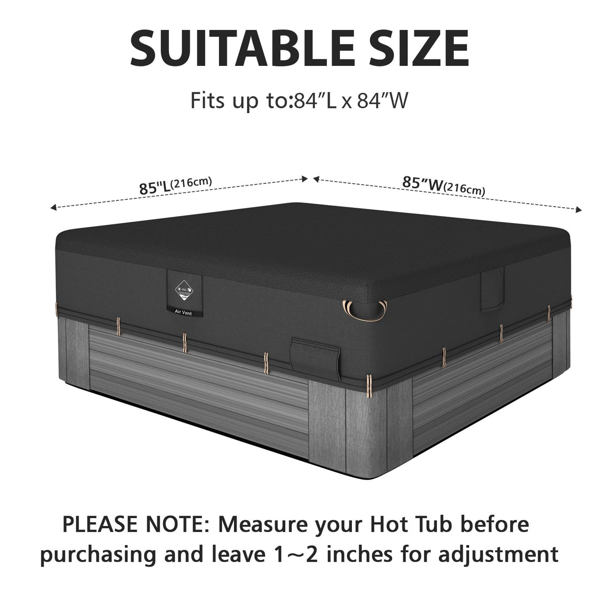 QH.HOME hot tub cover 85x85 side view highlighting secure fit and wind protection