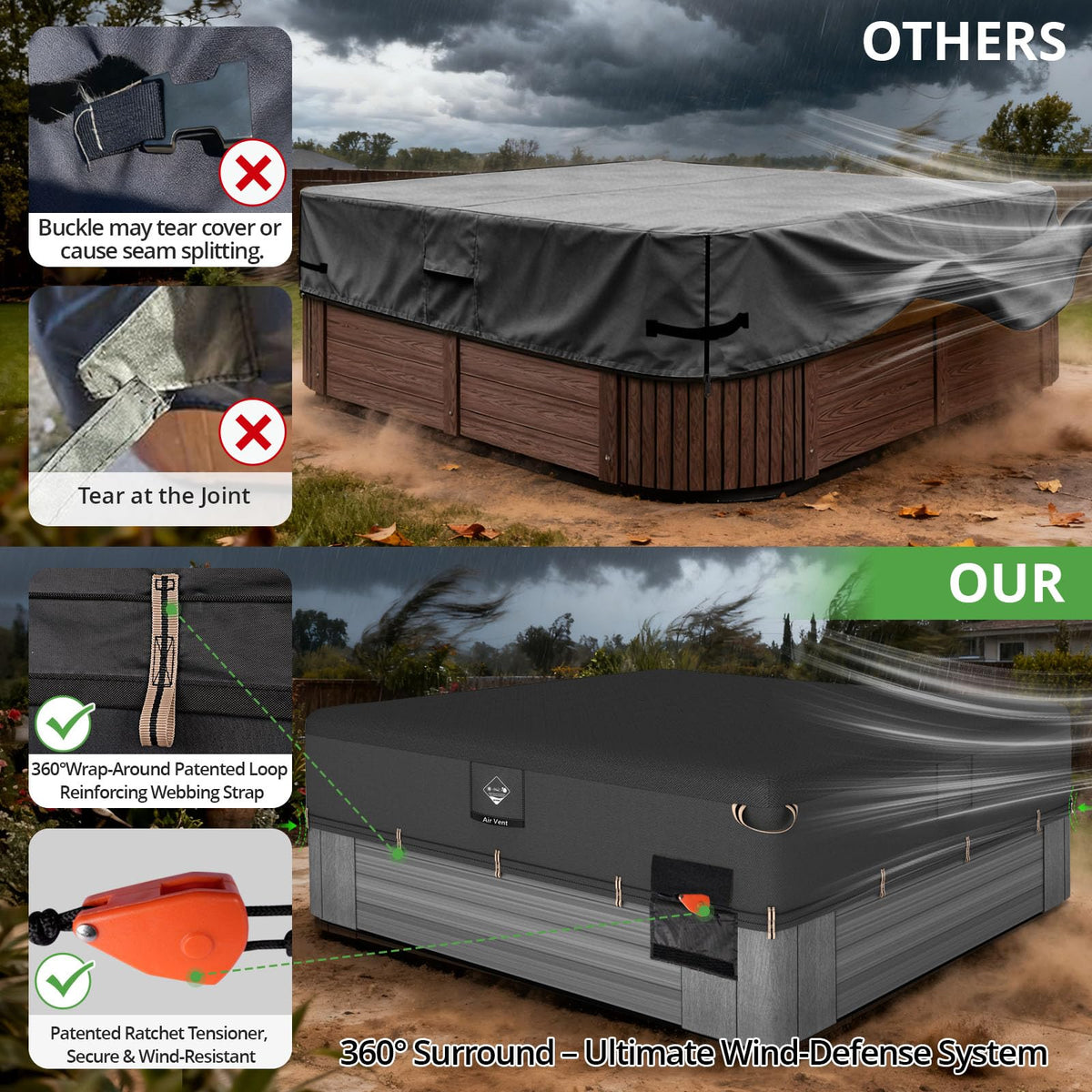 QH.HOME hot tub cover with upgraded air vents reduces moisture and wind lift