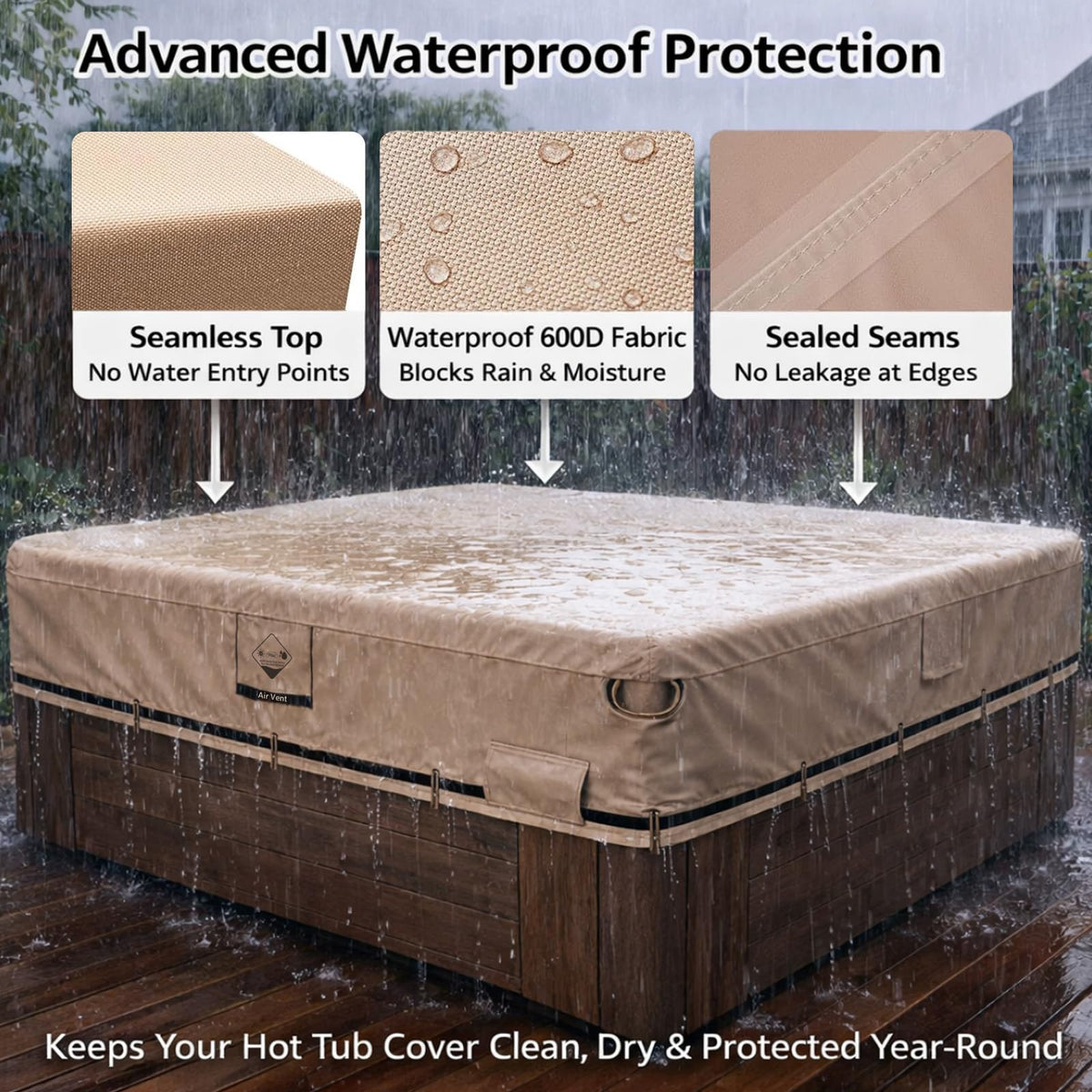 QH.HOME IP65 cover side view highlights wind-stable edges and snug wrap.