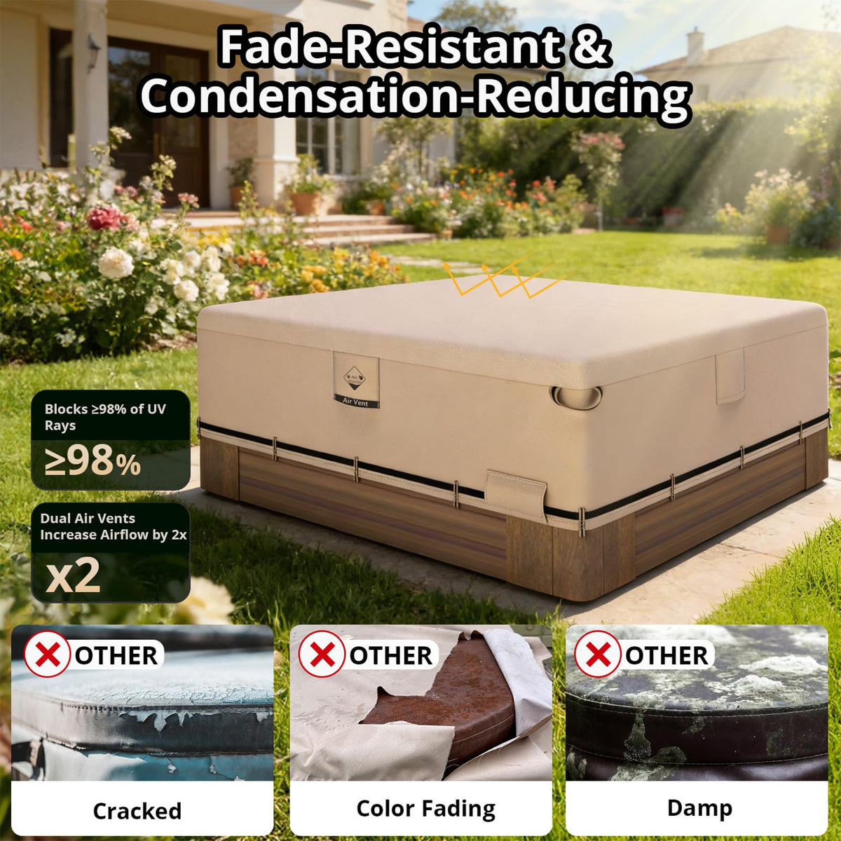 QH.HOME IP65 size-guide indicates compatibility for 87x87 to 90x90 spas.