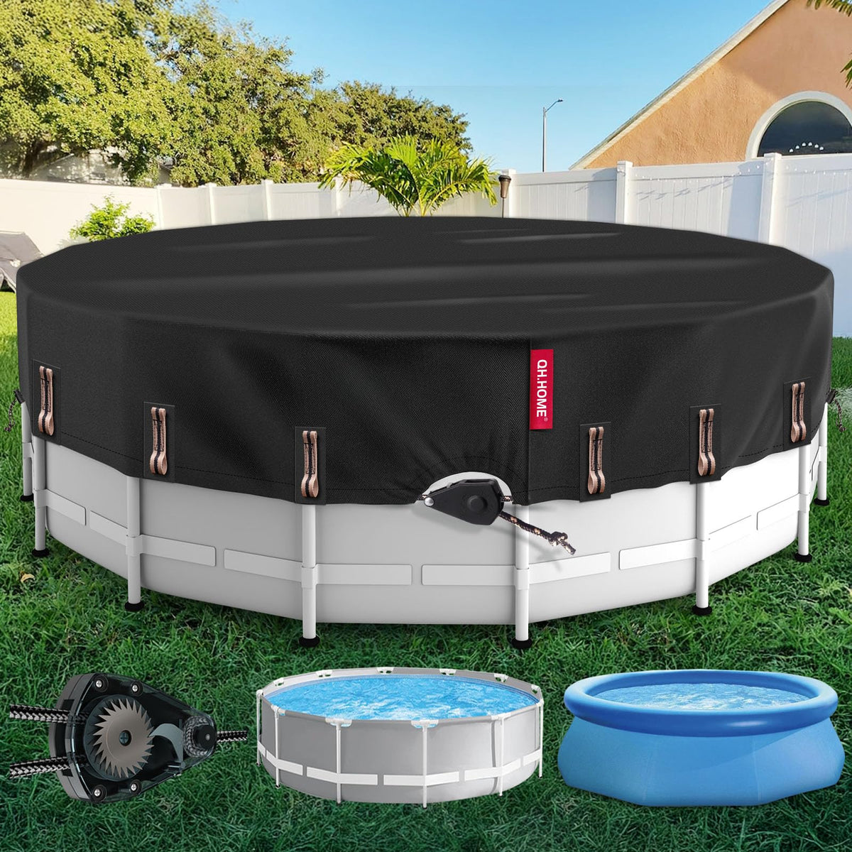 QH.HOME solar round pool cover on a 12ft pool, keeps debris out.