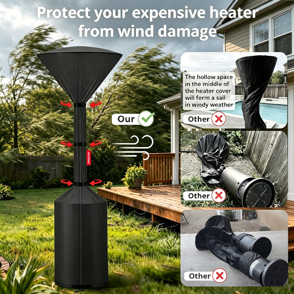QH.HOME tear-resistant 500D fabric extends heater durability.