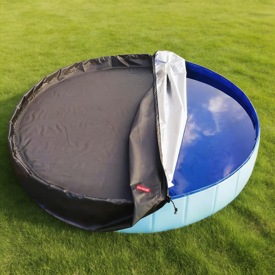 QH.HOME 63-64in round dog pool cover, front view, protects water from debris and sunlight.