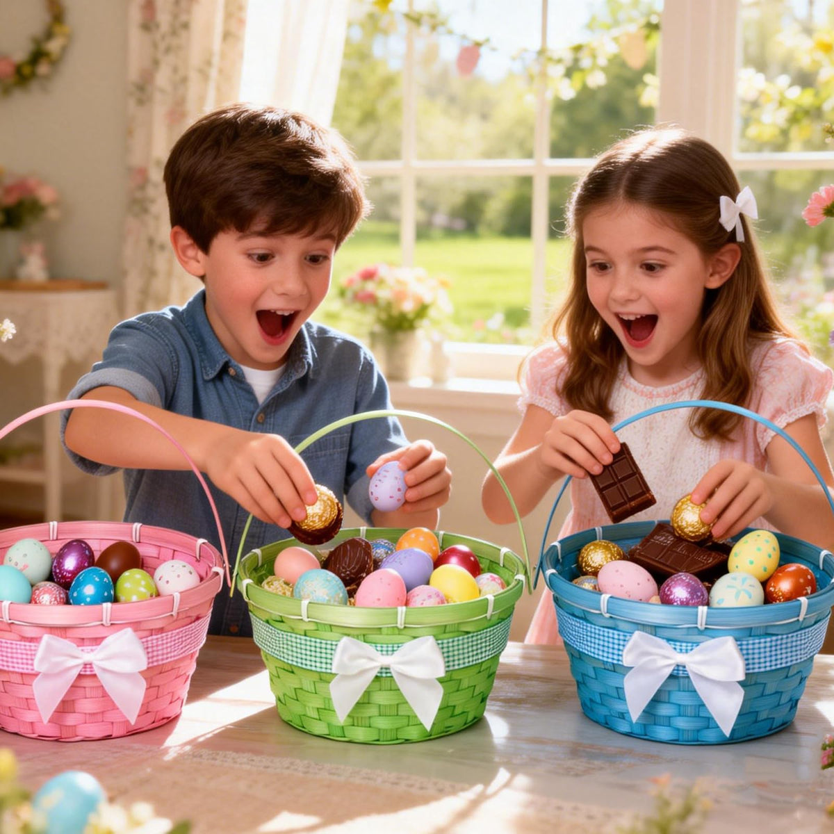 Q.Hou Easter basket blue with bow durable, reusable Easter decor.