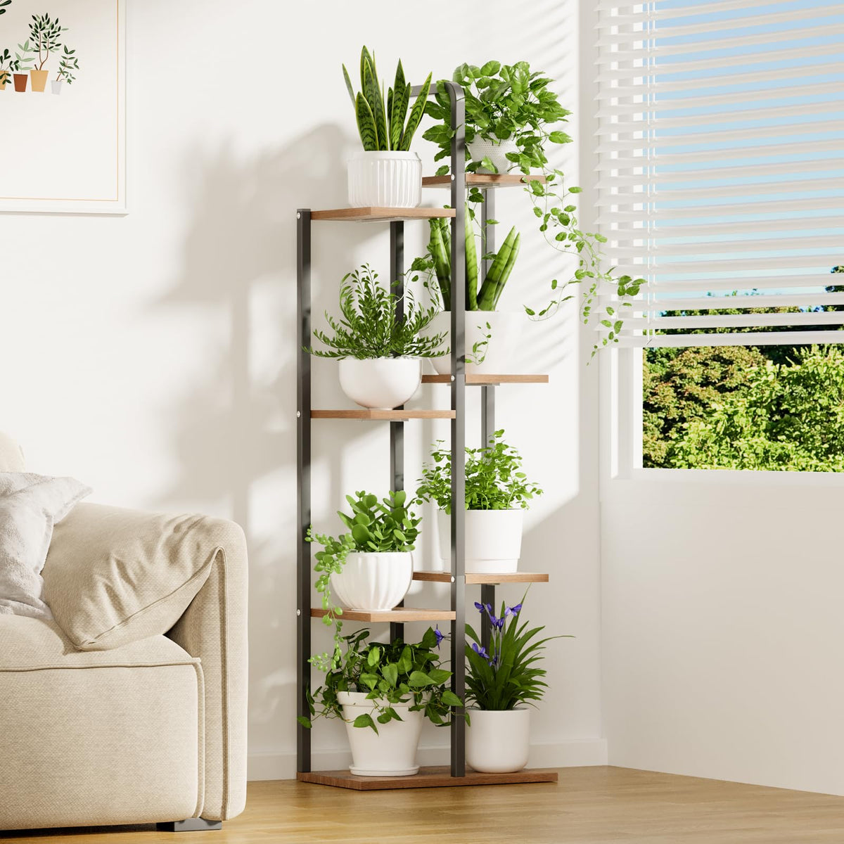 Qiaogreen multi-pot display accommodates several plant varieties for a dynamic arrangement.
