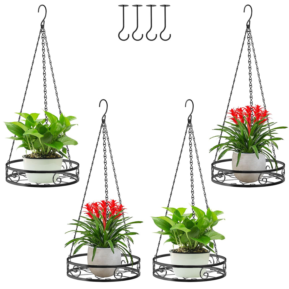 Qiaomeiysp 4-pack metal hanging planters with chains for outdoor display, durable and stylish.
