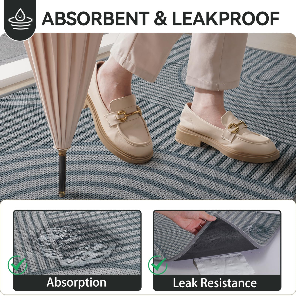 QiCaiJia non-slip rubber-backed door mat stays put at the threshold.