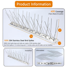 QIEGL Bird Spikes 40ft coverage demonstration with long 13-inch bases.