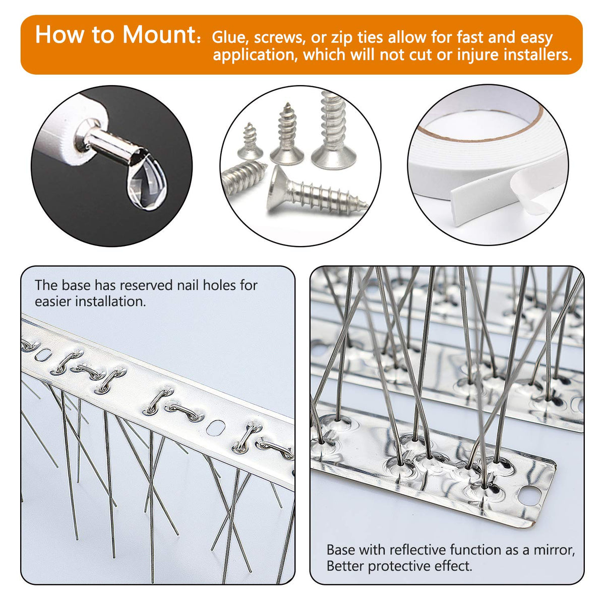 QIEGL Bird Spikes installation with four-hole base for secure mounting.