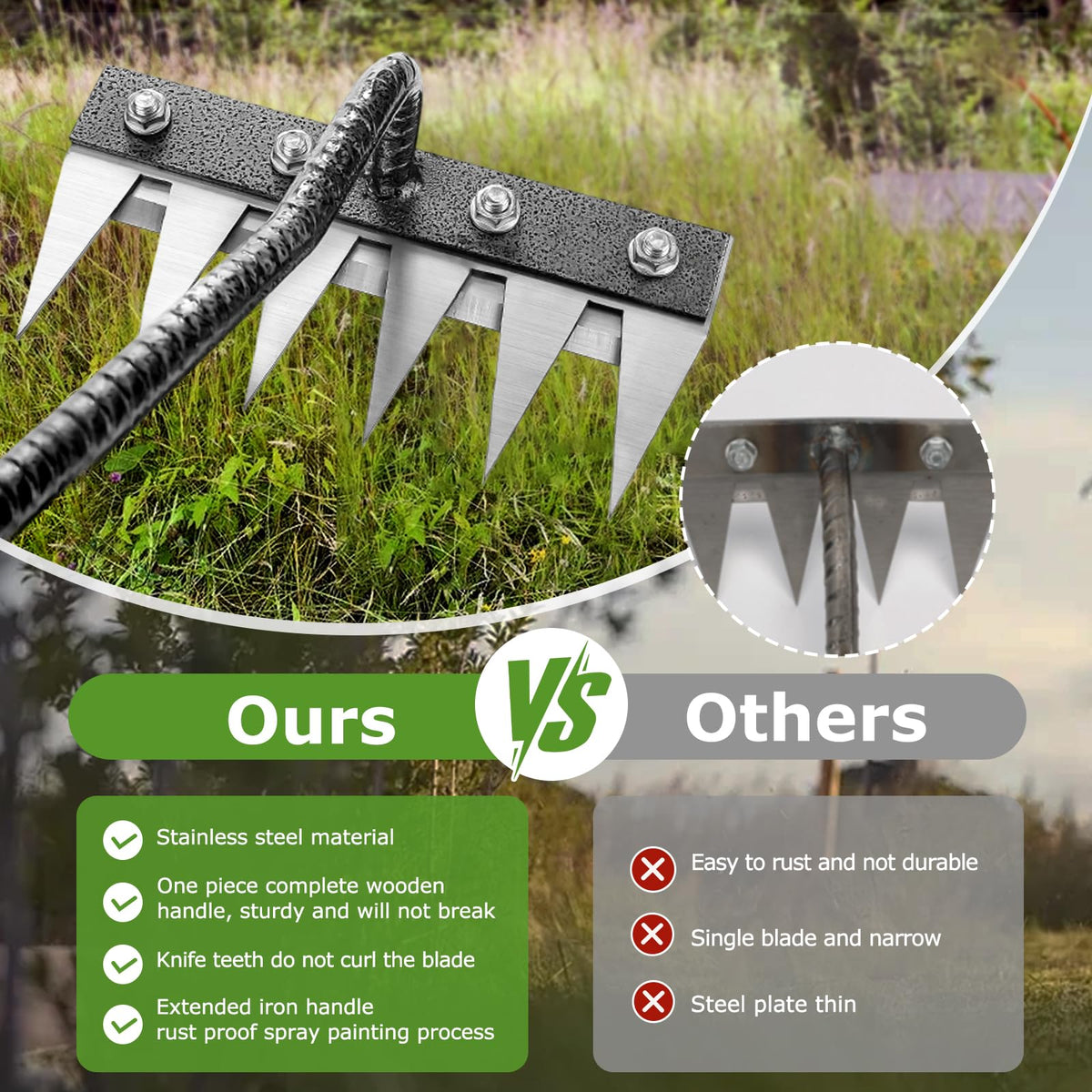 Qikstren Gardenia iron weeding rake bolt reinforced for stability.
