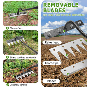 Qikstren Gardenia iron weeding rake with wooden handle for comfort.