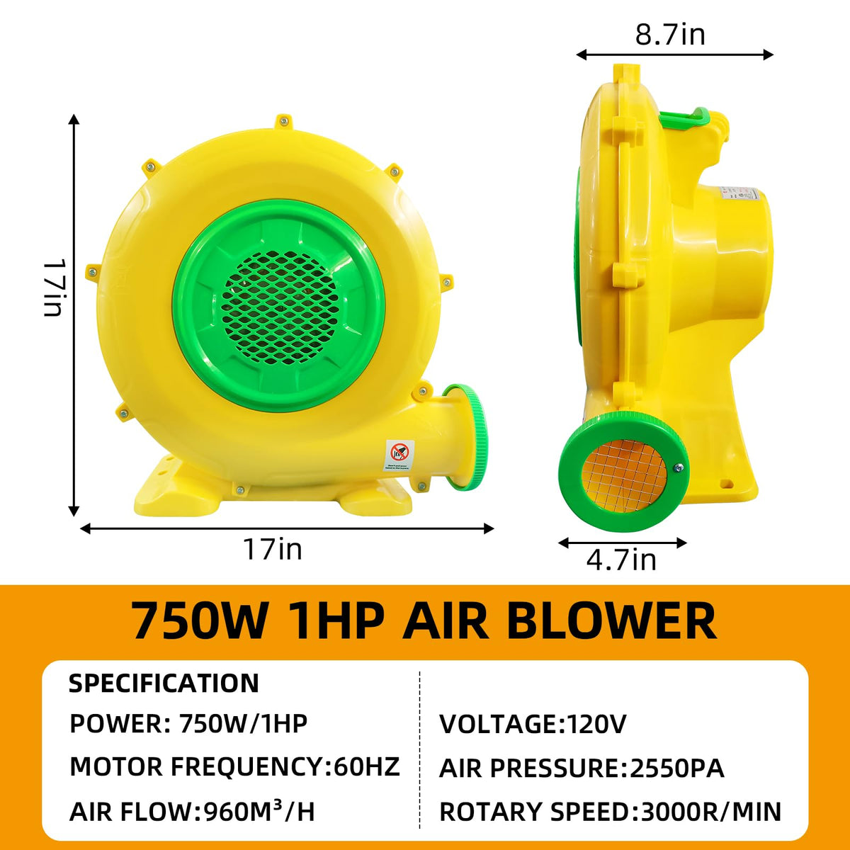 QILEBA 750W air blower side view highlighting stable base and portability.