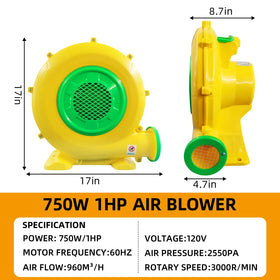 QILEBA 750W air blower side view highlighting stable base and portability.