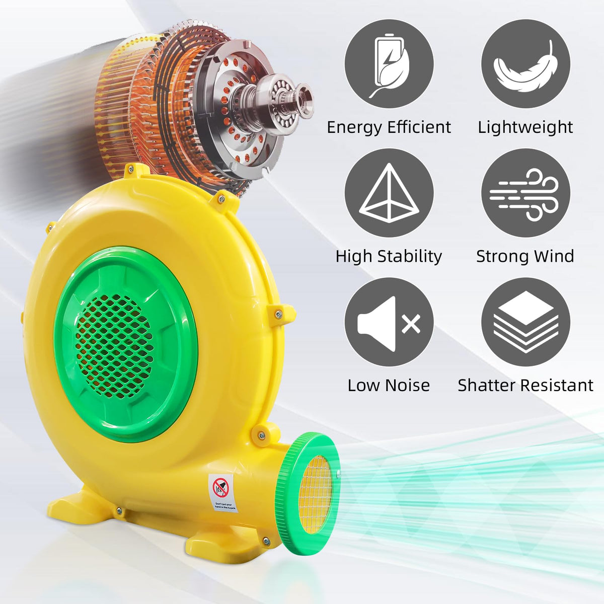 QILEBA 750W air blower top view emphasizes easy-grip handle for transport.