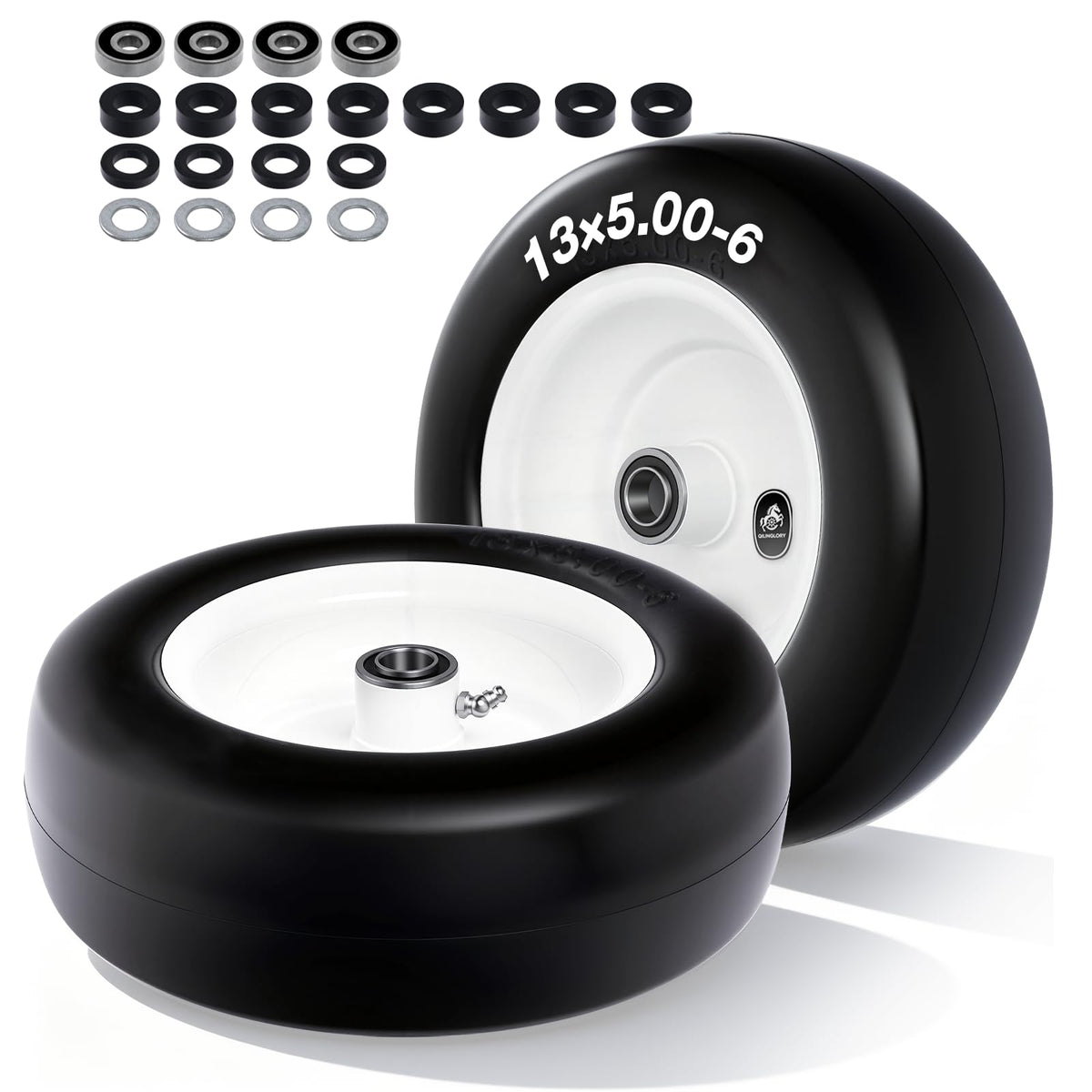 QILINGLORY 13x5-6 flat-free tire side view showing flat-free reliability for riding mowers