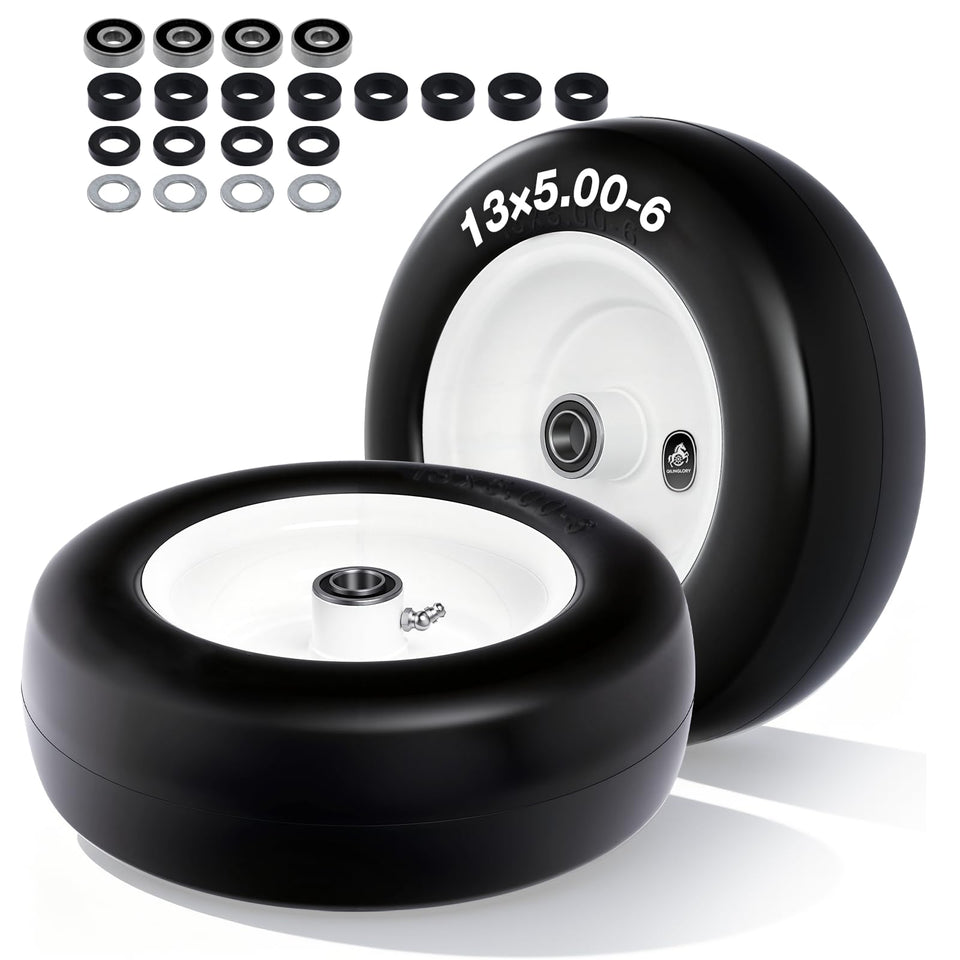 QILINGLORY 13x5-6 flat-free tire side view showing flat-free reliability for riding mowers