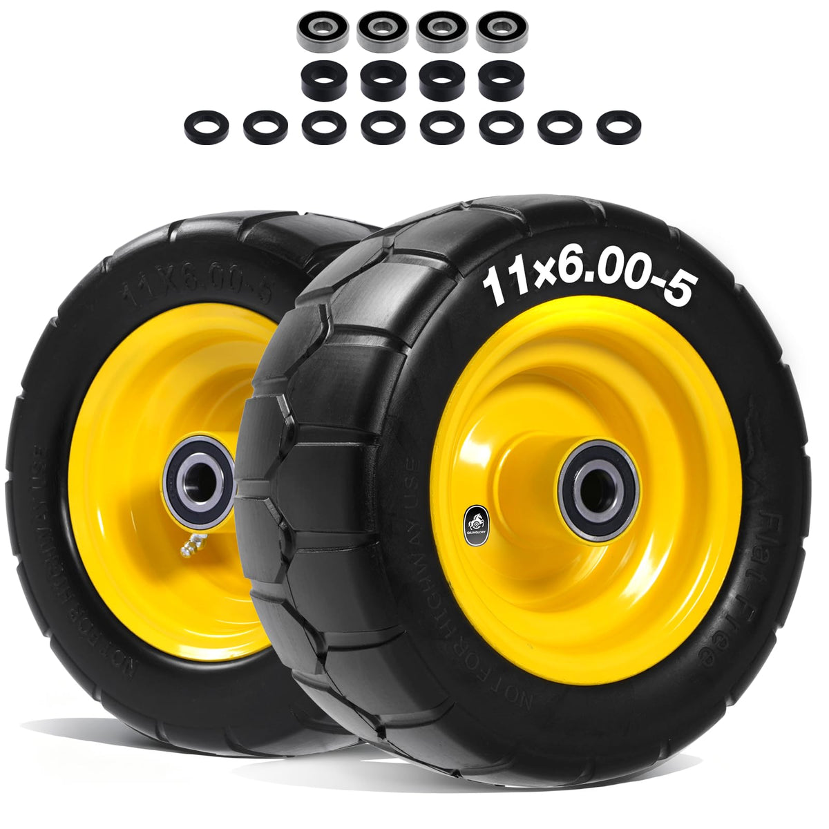QILINGLORY flat-free lawn mower tire 11x6-5 for puncture-free mowing on uneven terrain.