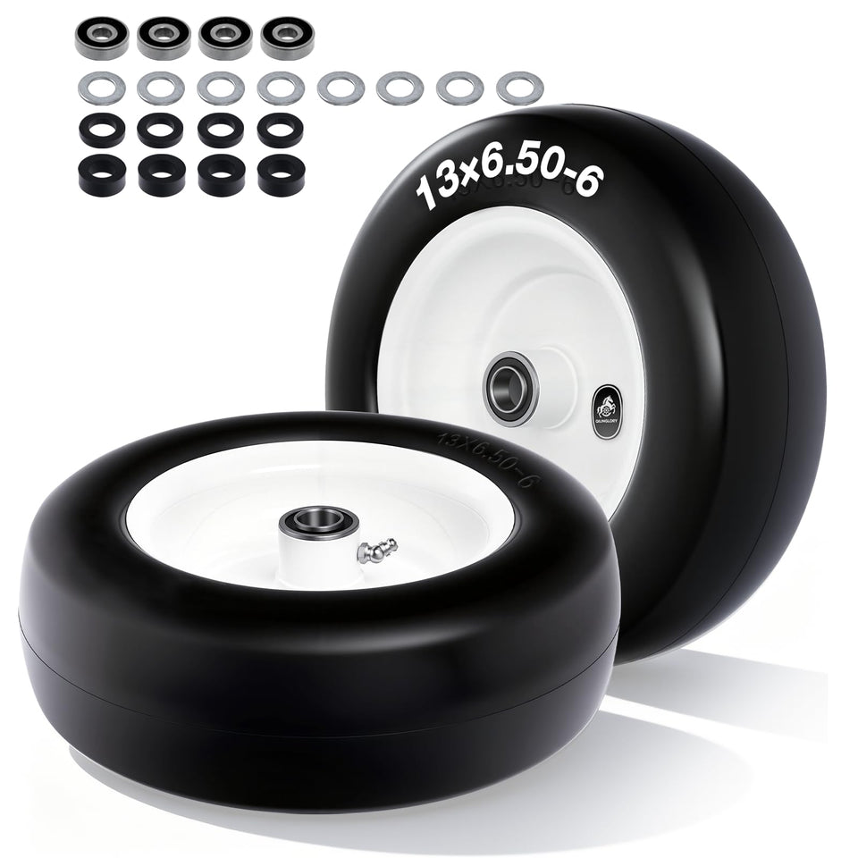 QILINGLORY flat-free tire side view for riding mowers reduces downtime.