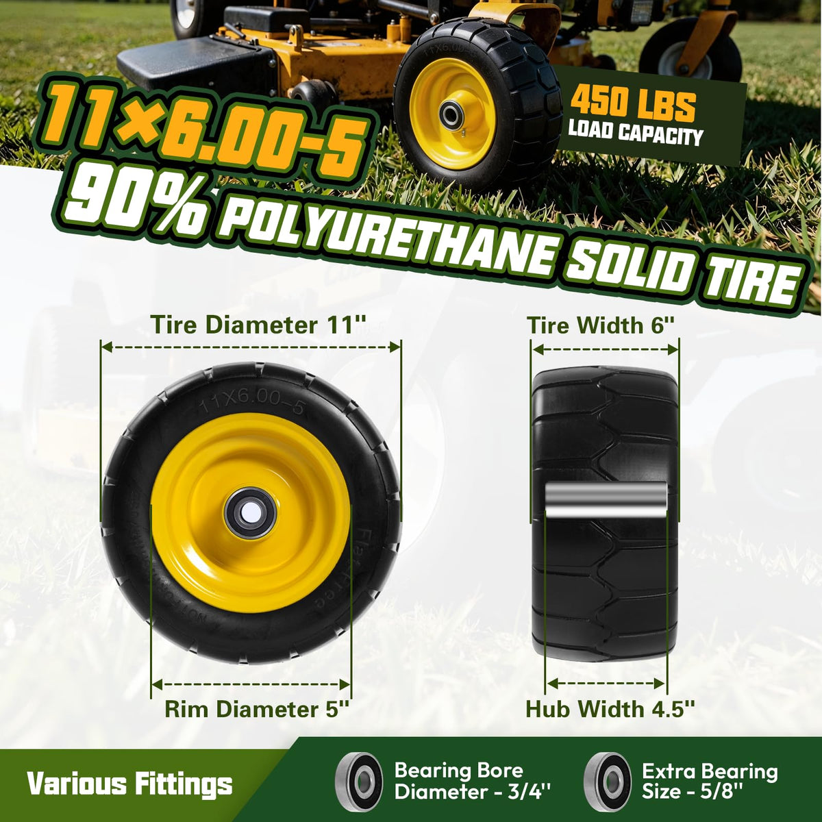 QILINGLORY wheel and tire assembly shows sturdy construction for reliable mowing.