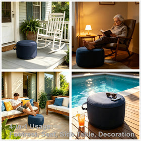 QILLOWAY navy ottoman folds flat for easy outdoor storage.