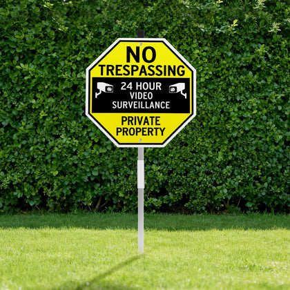 Qimshemi No Trespassing sign in rust-free aluminum with stake outdoors for clear boundary marking