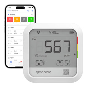 Qingping CO2 monitor front view with quick indoor readings.