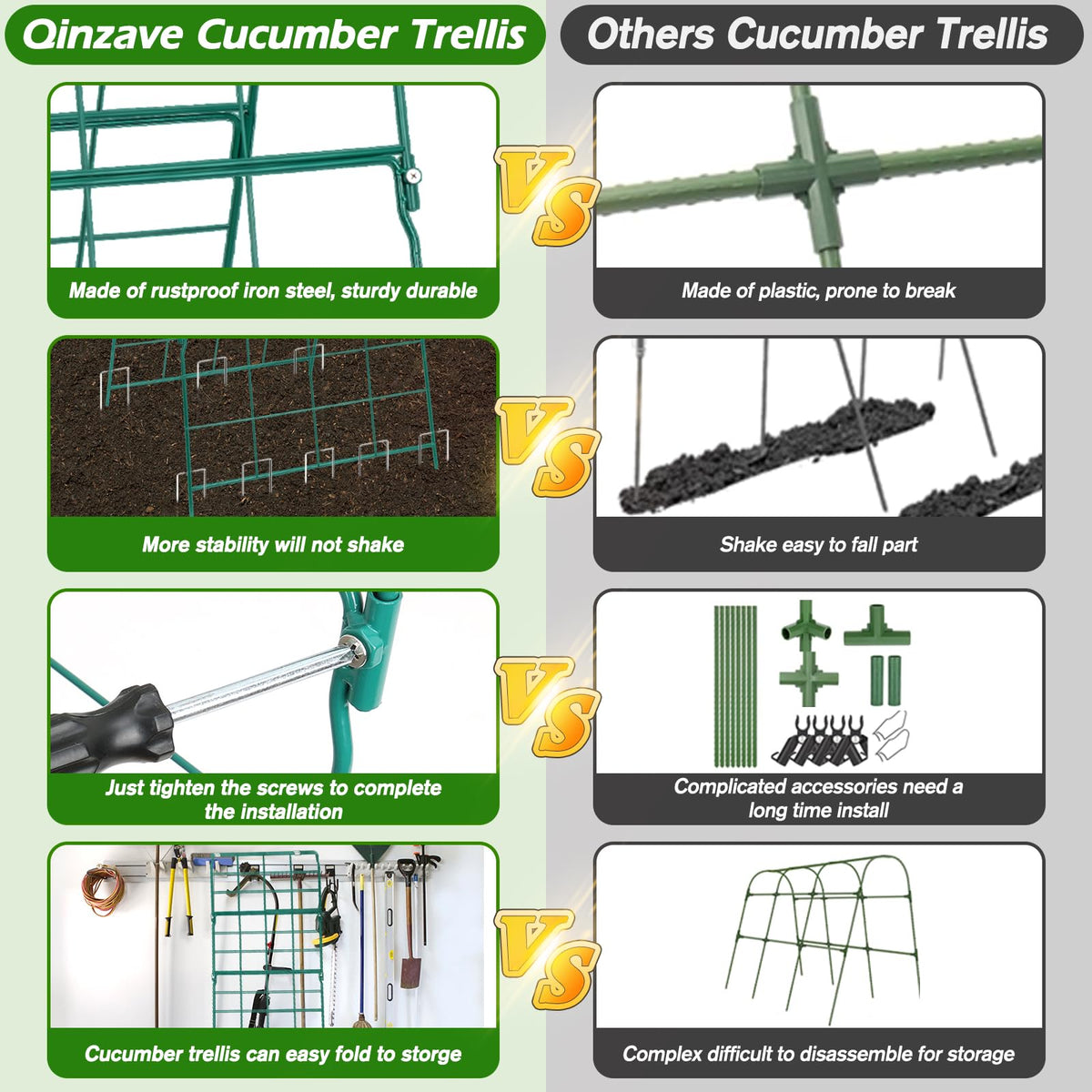Qinzave cucumber trellis foldable storage design facilitates compact offseason storage.