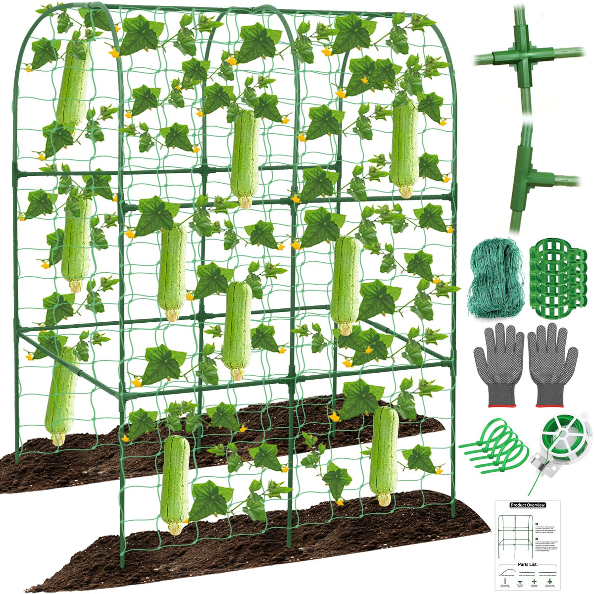 Qinzave cucumber trellis kit assembly displays complete components for easy garden setup.