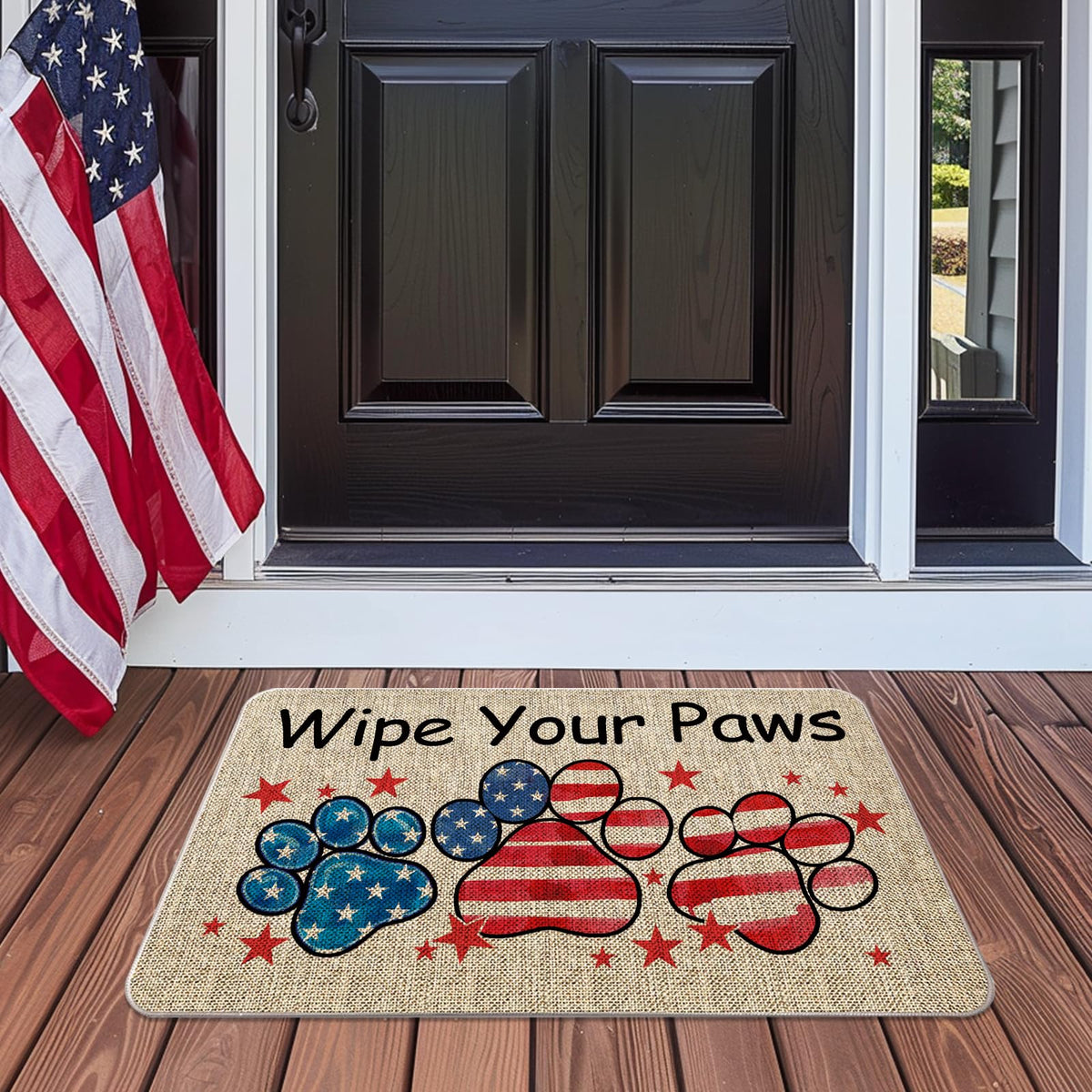 QIONG MENG farmhouse-style mat adds charm while coordinating with outdoor decor.