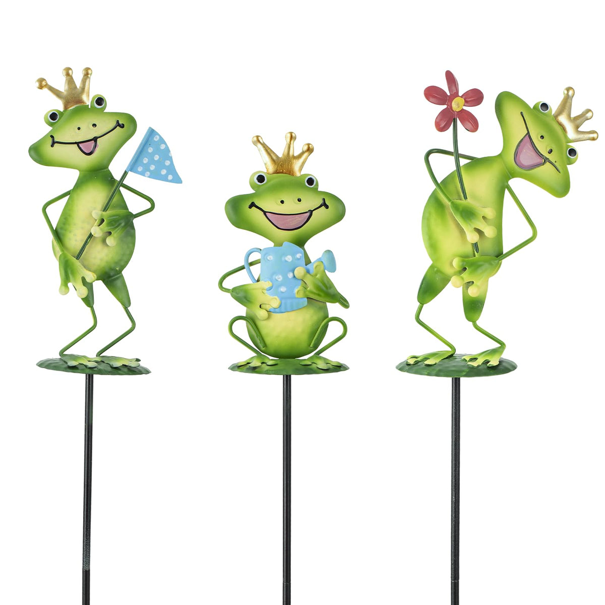 Qipade 3-pack frog garden stake collection brightens lawns with durable, weather-ready metal design