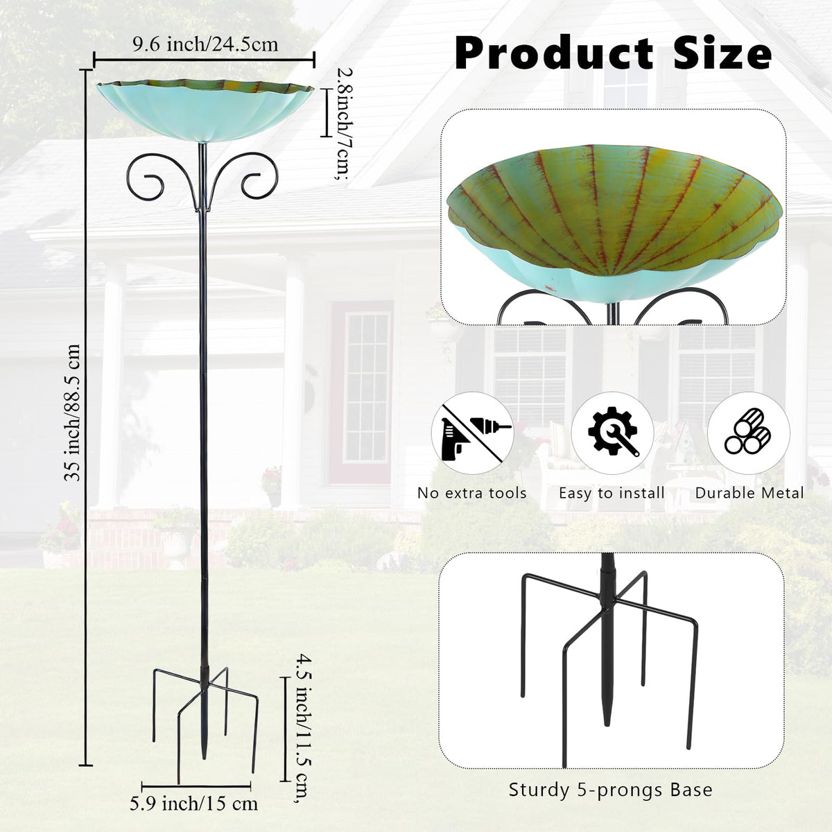 Qipade bird bath stake with five-prong base stabilizes in windy conditions.
